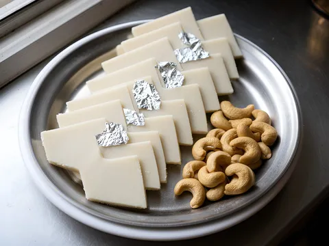 Diamond-shaped kaju katli pieces, some with silver leaf, beside raw cashews
