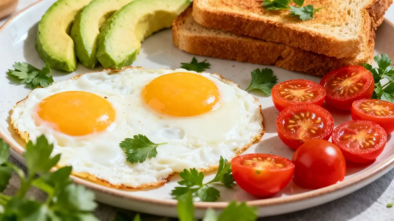 Two fried eggs with sliced avocado, toast and cherry tomatoes