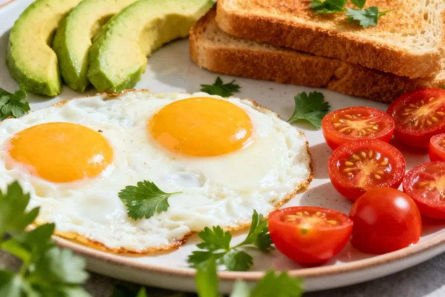 Two fried eggs with sliced avocado, toast and cherry tomatoes