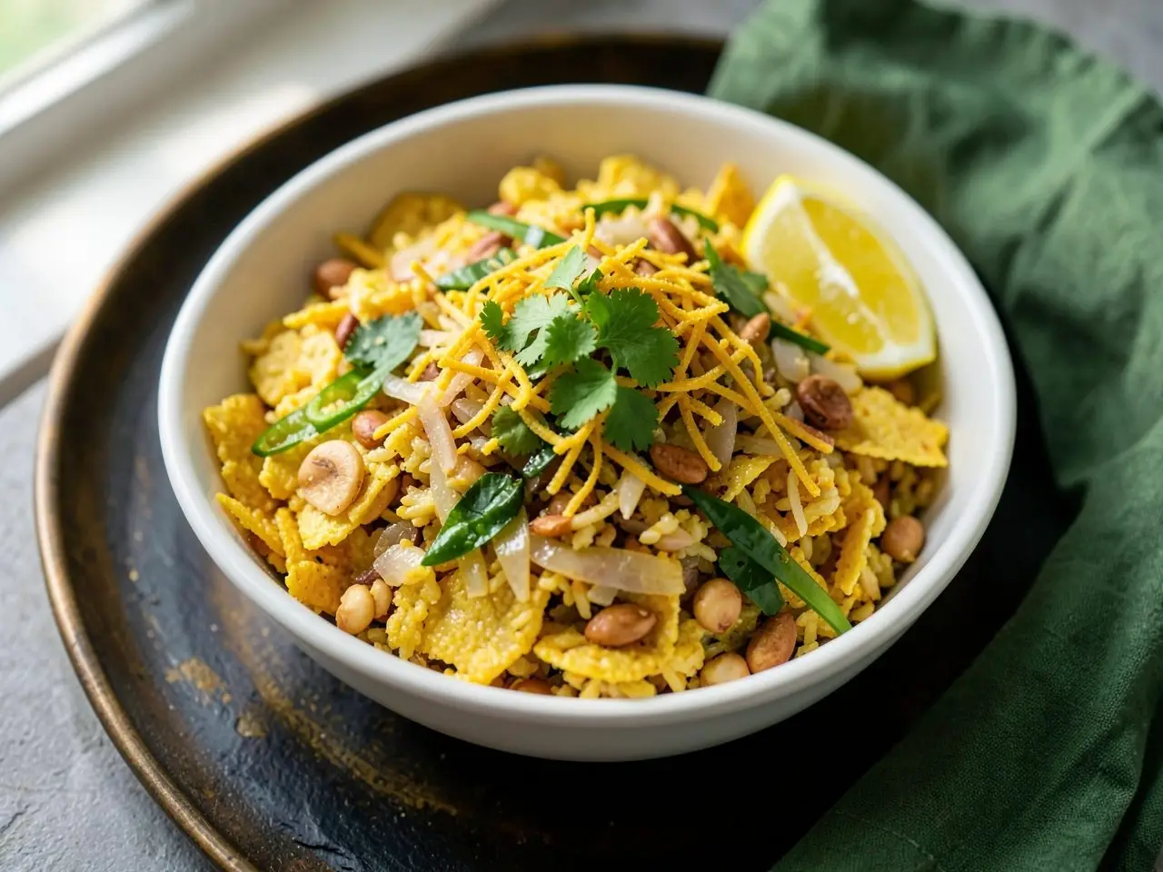 Kanda poha with peanuts, sev, coriander and a lemon wedge