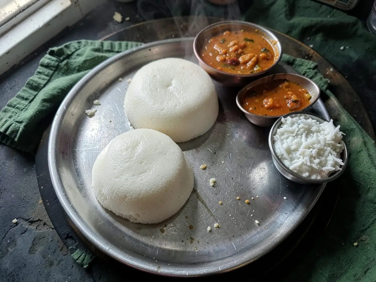 Two steamed idli on a steel plate with sambar and coconut chutney