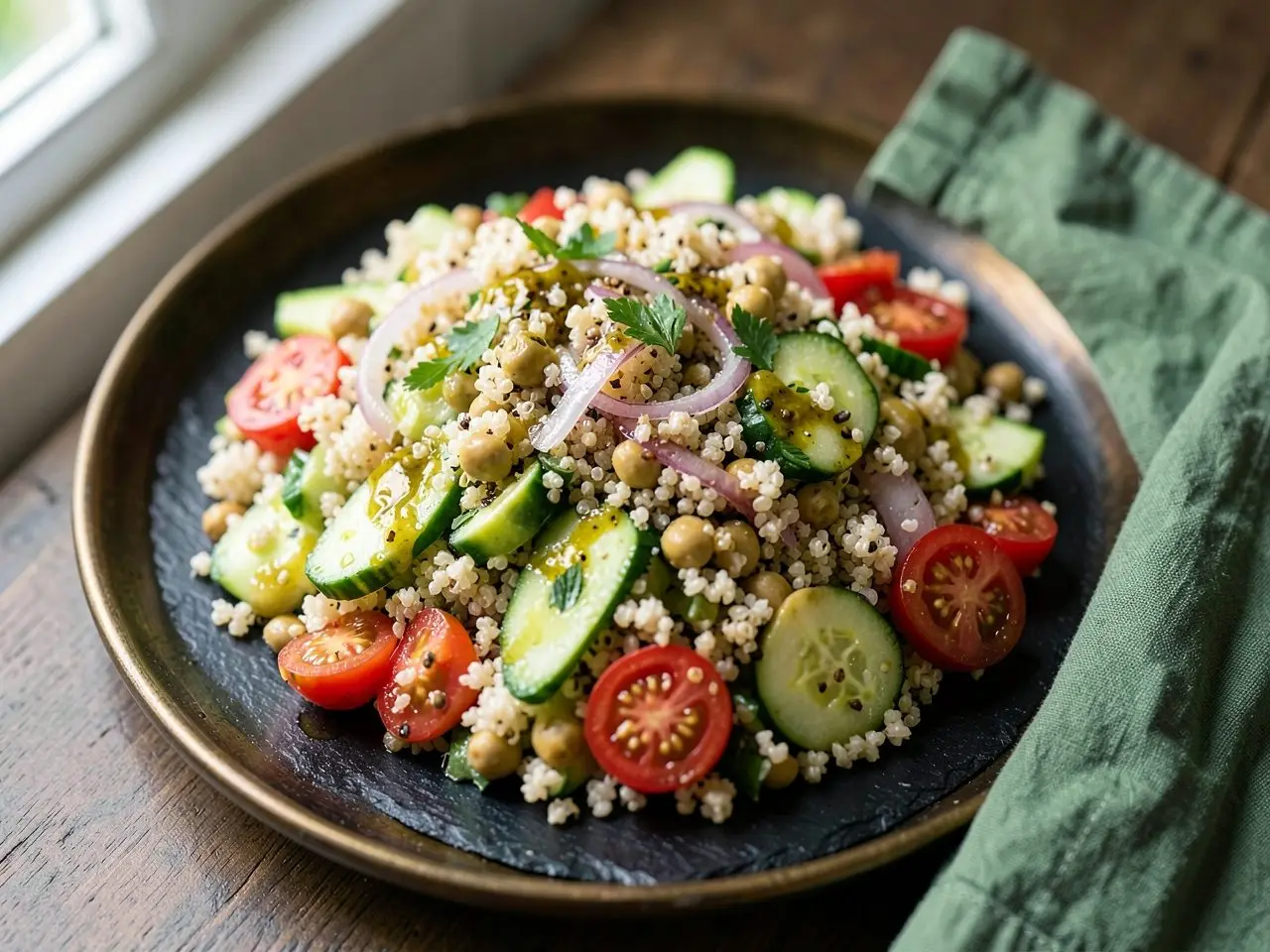 Quinoa Chickpea Salad with Lemon Dressing, ready to serve