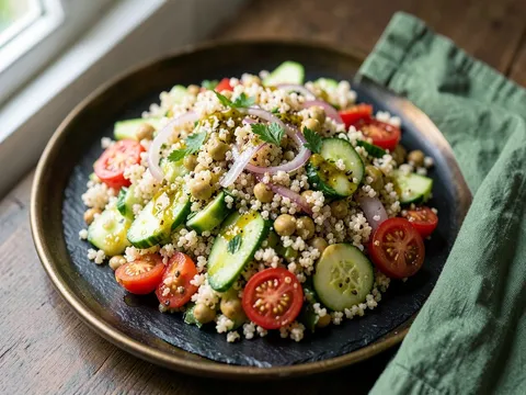 Quinoa Chickpea Salad with Lemon Dressing, ready to serve