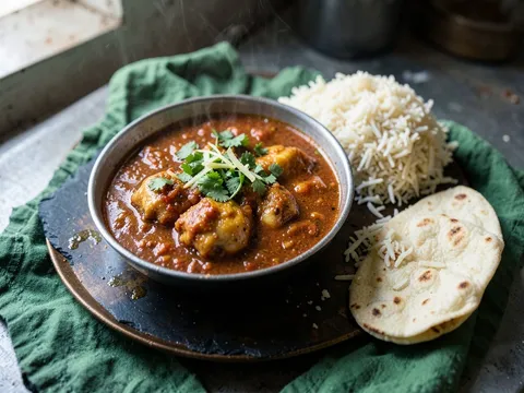 Punjabi chicken curry in a steel kadai with basmati rice and roti