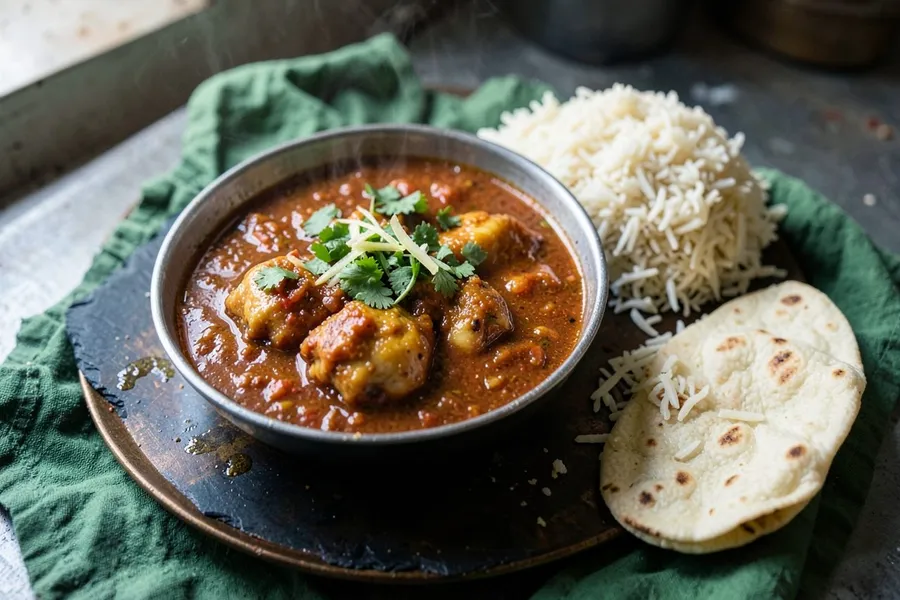 Punjabi chicken curry in a steel kadai with basmati rice and roti