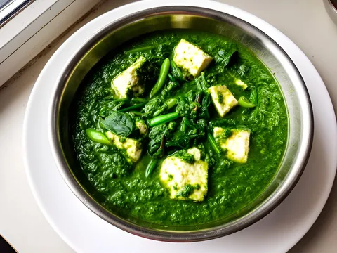 Bright Green Palak Paneer (Blanch and Shock Method), ready to serve