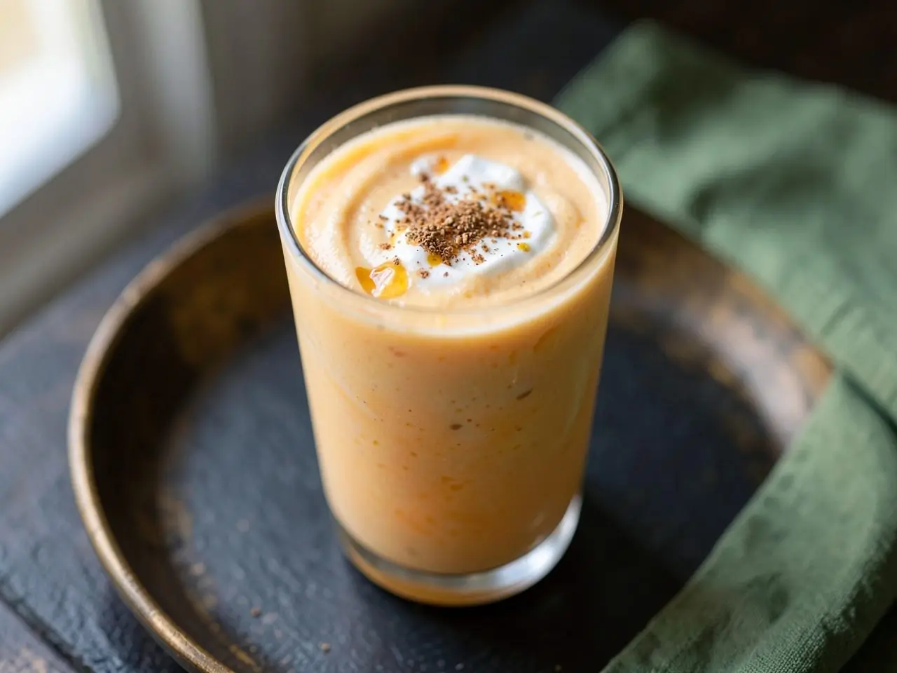 Mango Lassi with Cardamom, served in a glass