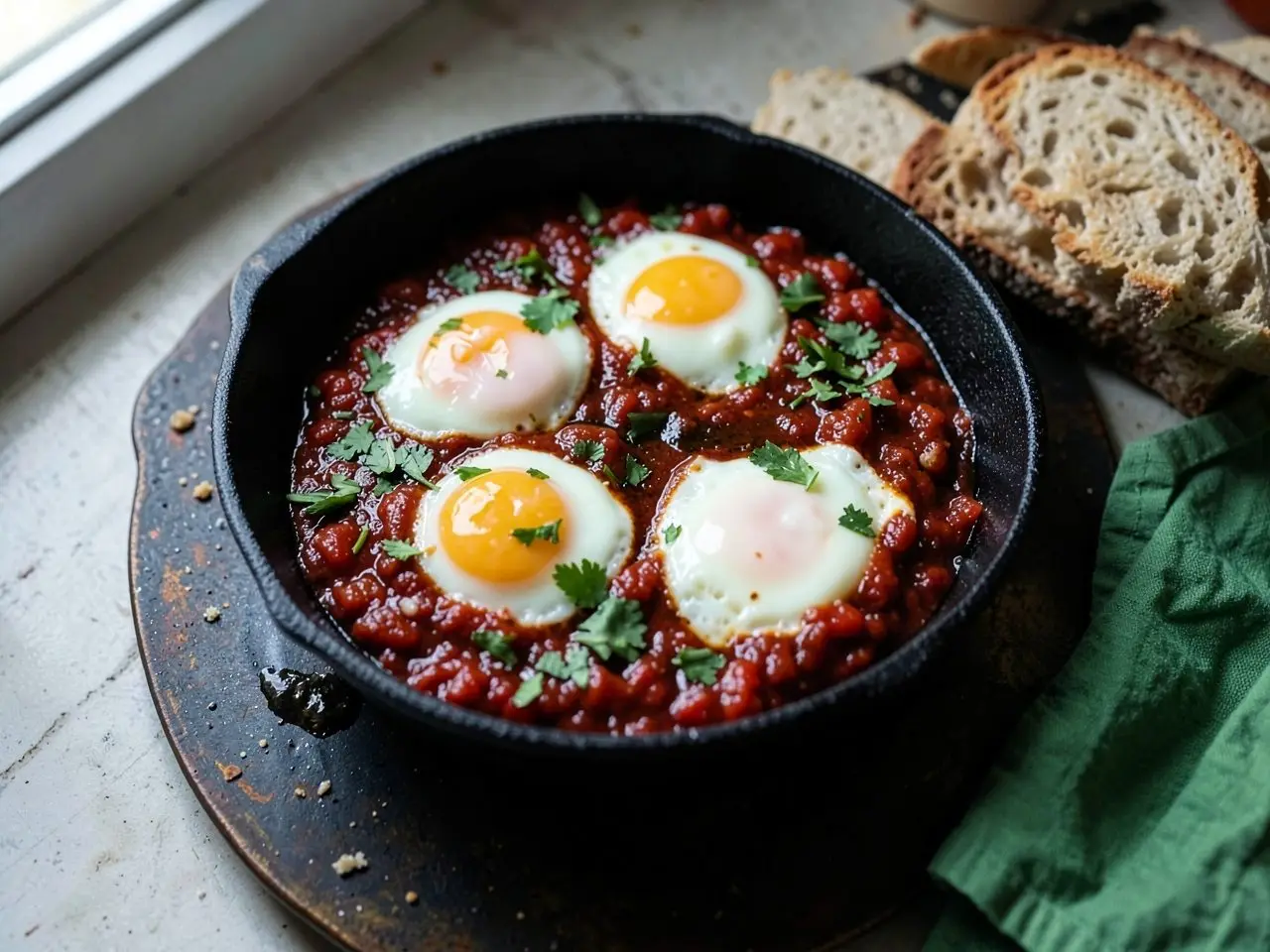 Shakshuka in a cast-iron skillet with parsley and crusty bread