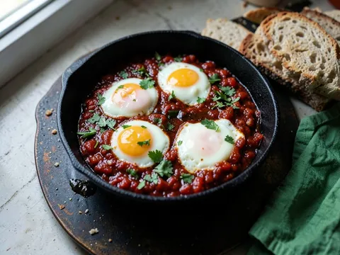 Shakshuka in a cast-iron skillet with parsley and crusty bread