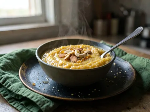 Golden sooji halwa garnished with almonds, cashews and raisins