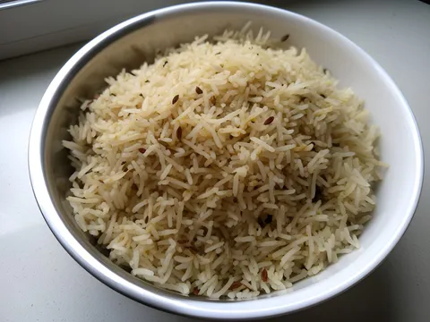 Fluffy Jeera Rice (Cumin Rice with Separate Grains), ready to serve