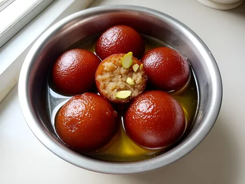 Gulab jamun soaking in sugar syrup, one cut open to show the soft inside