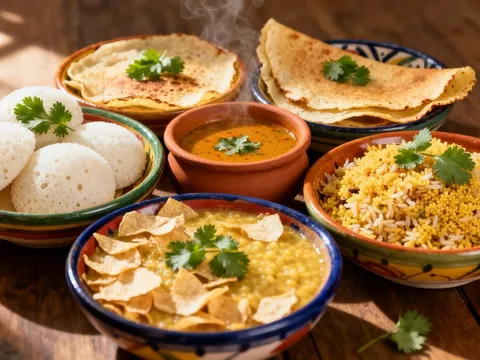 Placeholder photo: South Indian breakfast spread with idli, dosa, upma and sambar