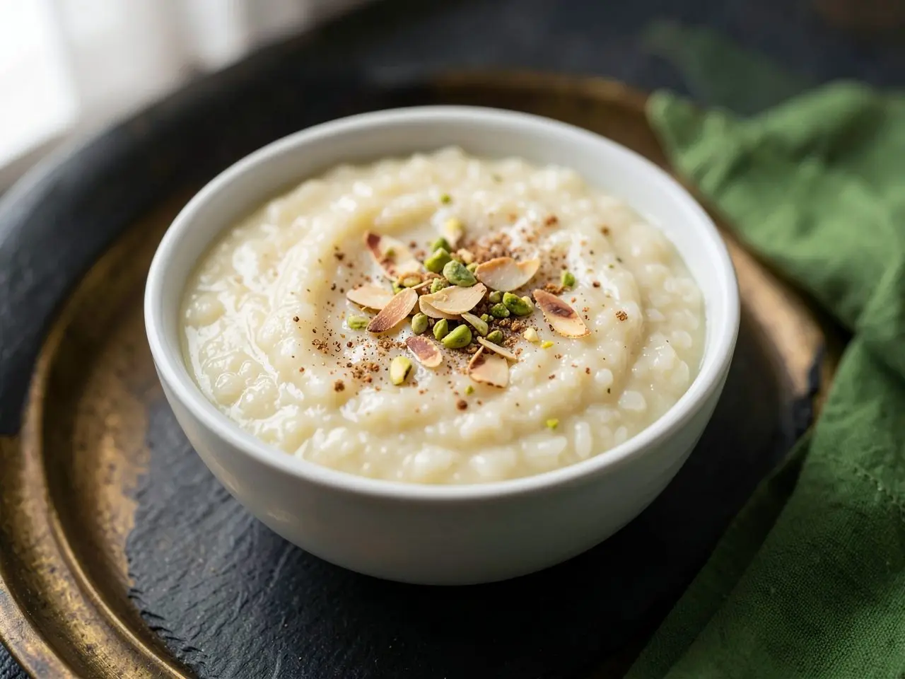 A small bowl of creamy rice kheer with almonds and pistachios