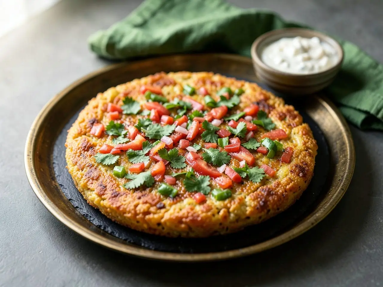 A rava uttapam topped with onion, tomato and capsicum, with coconut chutney