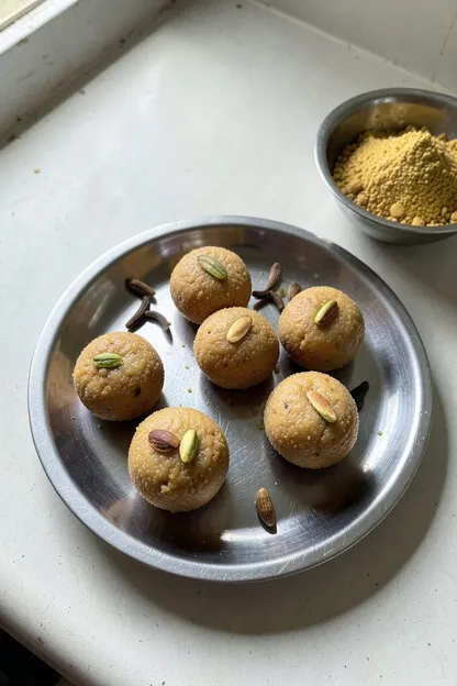 Round golden besan ladoos topped with nut slivers on a steel plate