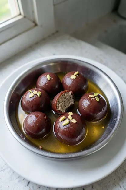 Gulab jamun soaking in sugar syrup, one cut open to show the soft inside