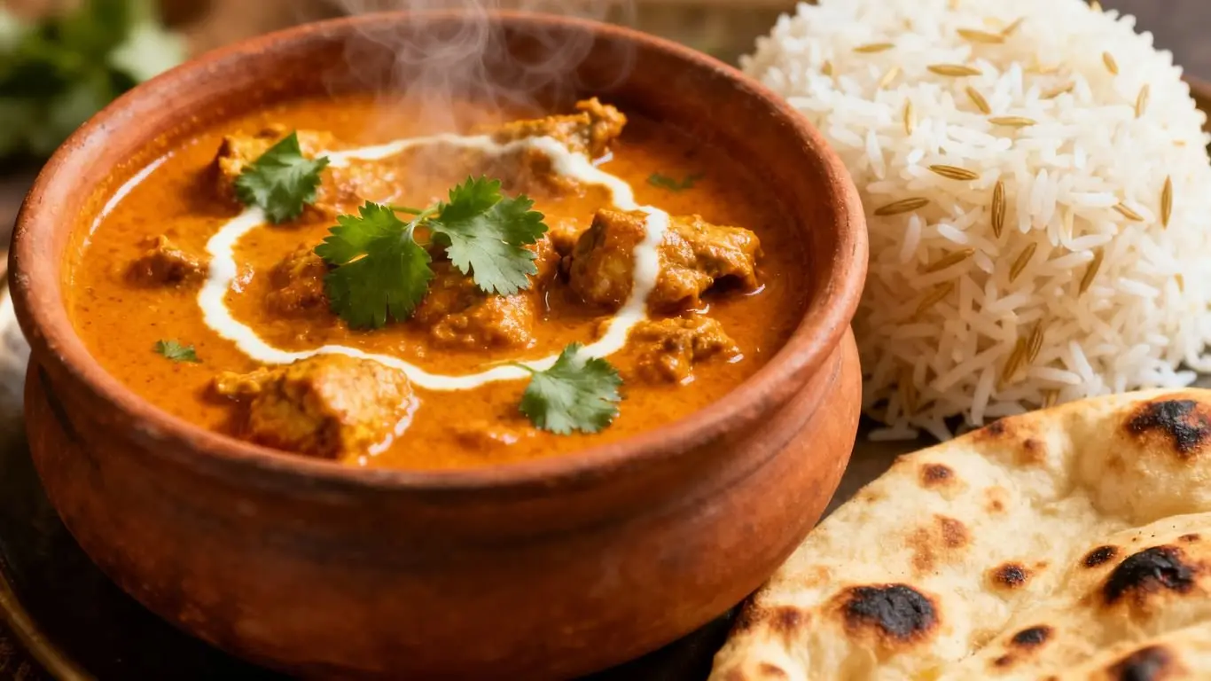 Chicken curry with a swirl of cream in a clay pot, with basmati rice and naan