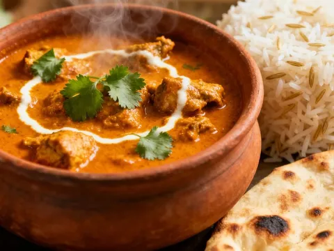 Placeholder photo: Rajma masala, red kidney beans in a thick tomato and onion gravy, served beside a bowl of rice