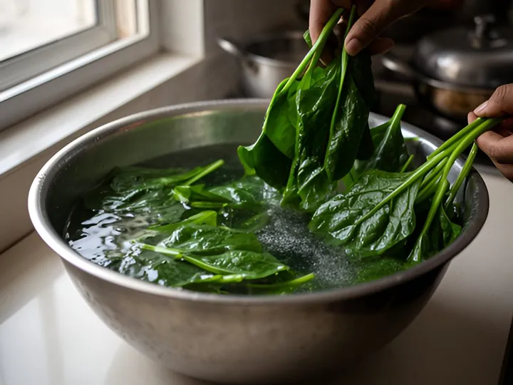 Step 1 of Bright Green Palak Paneer (Blanch and Shock Method): Wash the spinach in a large bowl of cold water