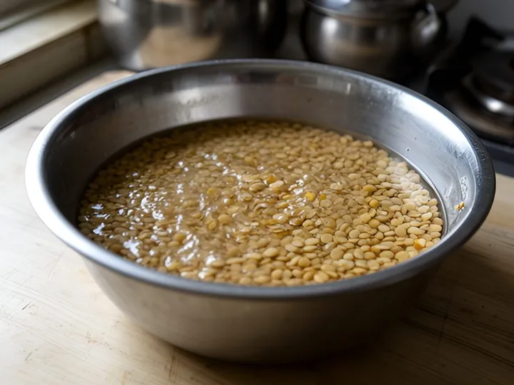 Step 1 of Dal Tadka Without a Pressure Cooker (Dhaba Style): Rinse the toor dal in a bowl of cold water