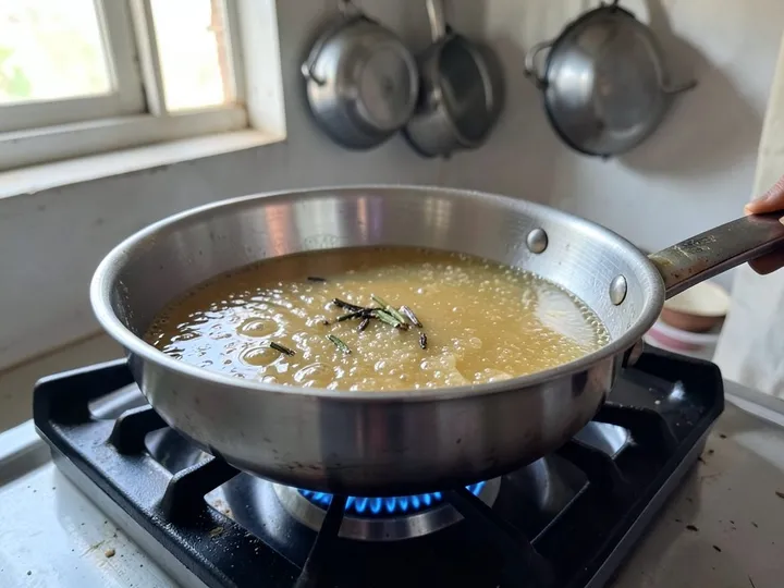 Step 1 of Sooji Halwa (Suji ka Halwa, Not Lumpy or Sticky): Put the water and sugar in a saucepan over medium heat and stir until the sugar dissolves