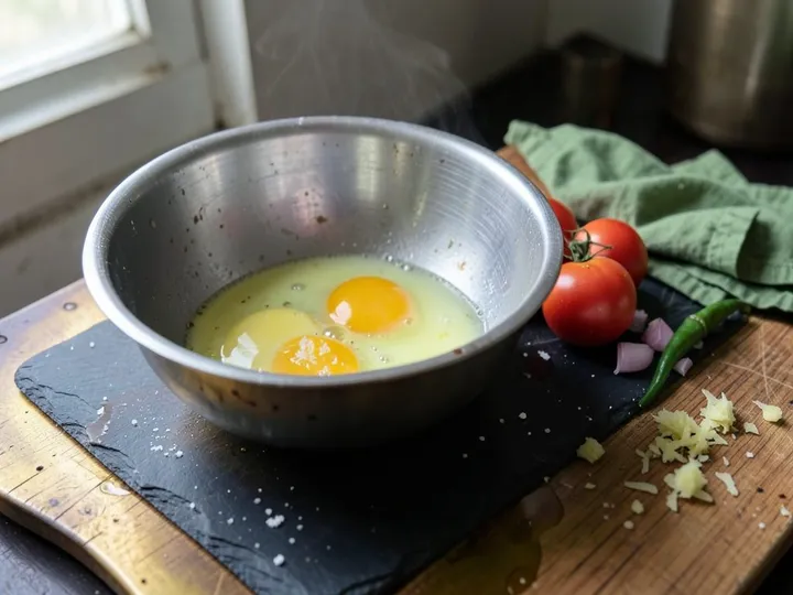 Step 1 of Egg Bhurji (Indian Spiced Scrambled Eggs): Beat the eggs with half of the salt in a bowl