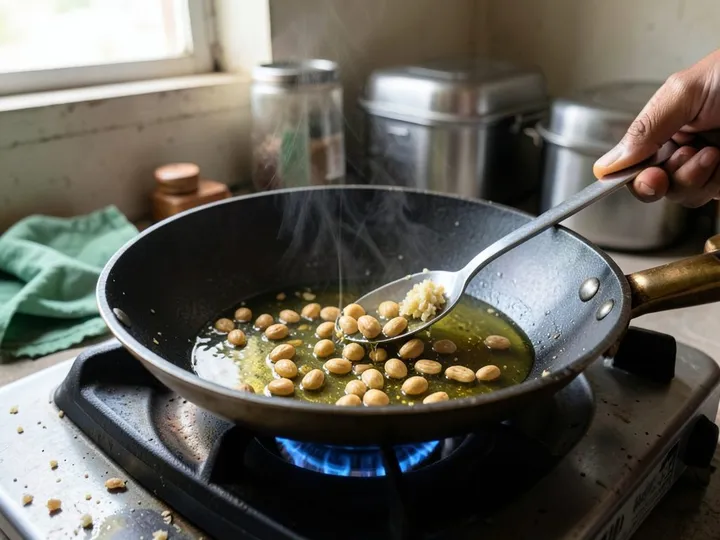Step 2 of Kanda Poha (Maharashtrian Onion Poha): Heat the oil in a wide kadai or non-stick pan over medium heat