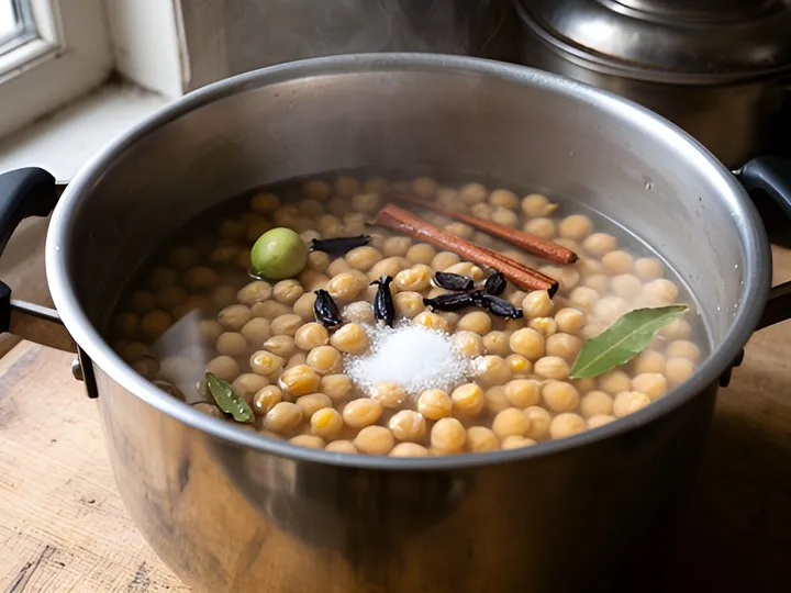 Step 2 of Punjabi Chole: Dark and Tangy Without Tea Bags: Put the chickpeas in a pressure cooker with the 750 ml cooking water
