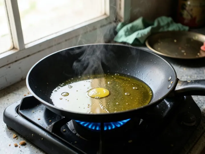 Step 2 of Masala Omelette (Indian Egg Omelette): Heat the oil in a 20 to 22 cm non-stick frying pan over medium heat for 1 minute