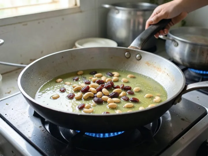 Step 2 of Sooji Halwa (Suji ka Halwa, Not Lumpy or Sticky): Melt the ghee in a heavy-bottomed kadhai or wide pan over medium-low heat