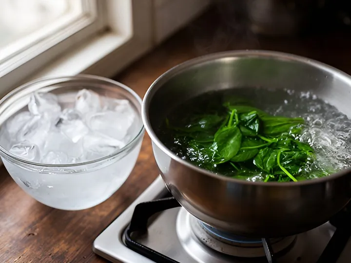 Step 2 of Bright Green Palak Paneer (Blanch and Shock Method): Bring the 2 litres of water to a rolling boil over high heat and set the bowl of iced water beside the pan