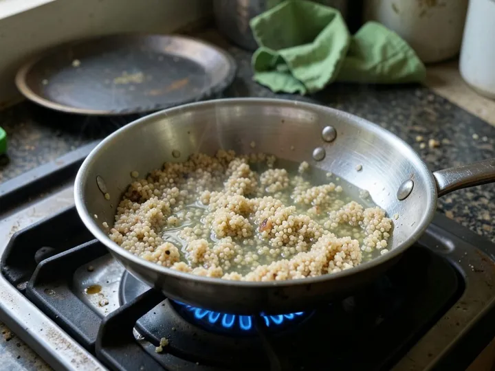 Step 2 of Quinoa Chickpea Salad with Lemon Dressing: Put the quinoa and 300 ml of water in a small pan and bring to a boil over high heat