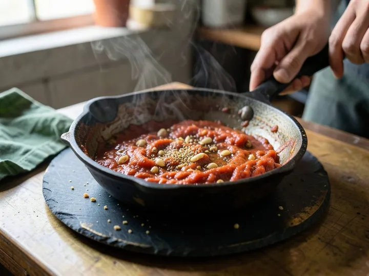 Step 2 of Shakshuka (Eggs in Spiced Tomato Sauce): Add the garlic