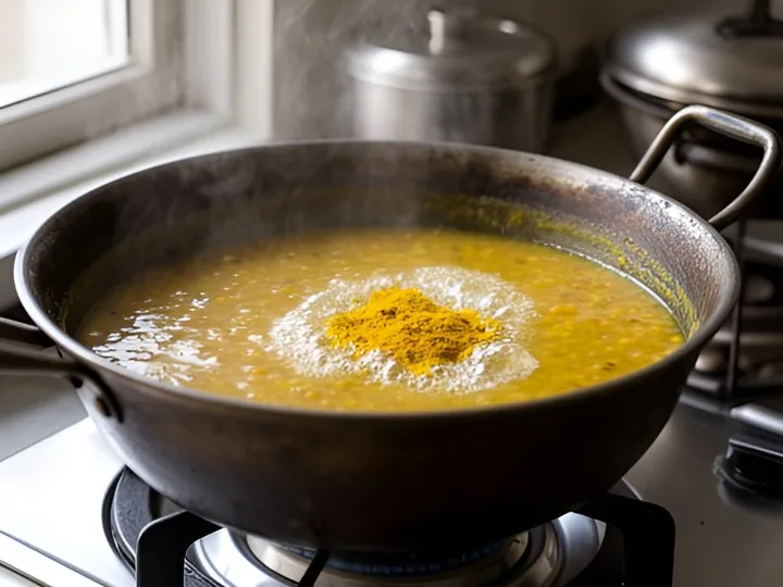 Step 2 of Dal Tadka Without a Pressure Cooker (Dhaba Style): Put the dal in a heavy pot with 750 ml of the water and the turmeric