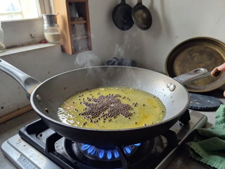 Step 2 of Egg Bhurji (Indian Spiced Scrambled Eggs): Heat the ghee in a wide non-stick pan or kadai over medium heat
