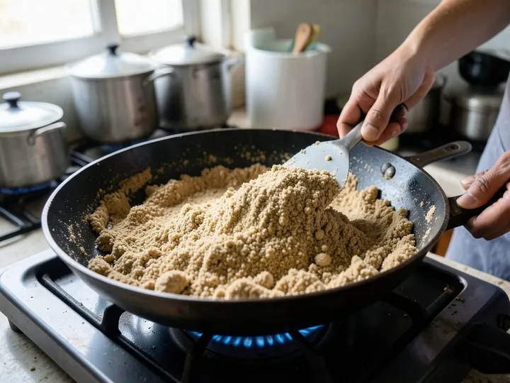 Step 2 of Besan Ladoo (How to Roast Besan Properly): Add the besan and stir with a flat spatula until it is evenly coated