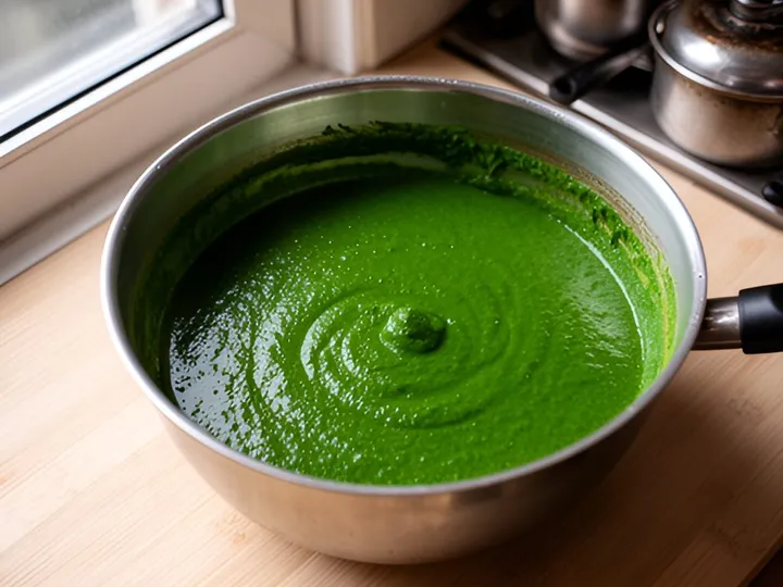Step 3 of Bright Green Palak Paneer (Blanch and Shock Method): Blend the spinach and green chillies with 3 to 4 tbsp of the iced water for 30 to 60 seconds