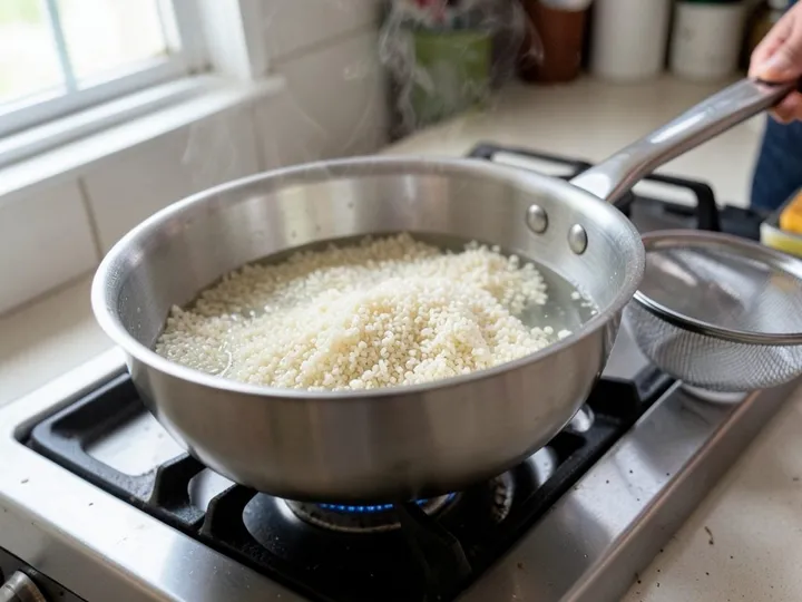 Step 3 of Mediterranean Chicken Bowl Meal Prep: Rinse the quinoa in a fine sieve for 30 seconds