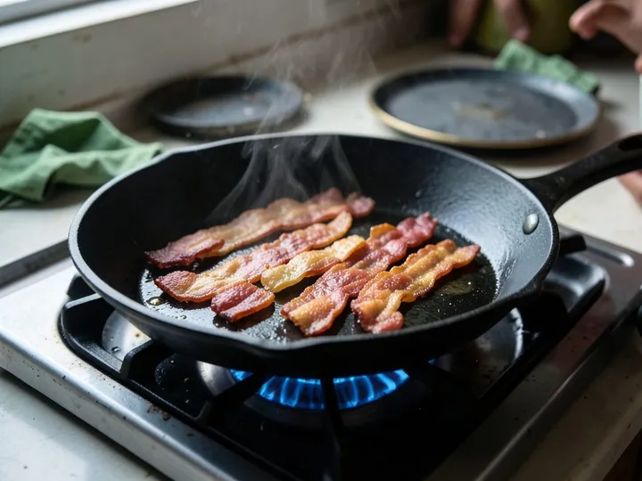 Step 3 of Grilled Chicken Cobb Salad: Lay the bacon in a cold frying pan over medium heat and cook for 8 to 10 minutes