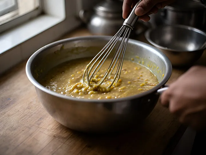 Step 3 of Dal Tadka Without a Pressure Cooker (Dhaba Style): Whisk the dal for 30 seconds with a whisk or the back of a ladle until creamy with a few grains still visible