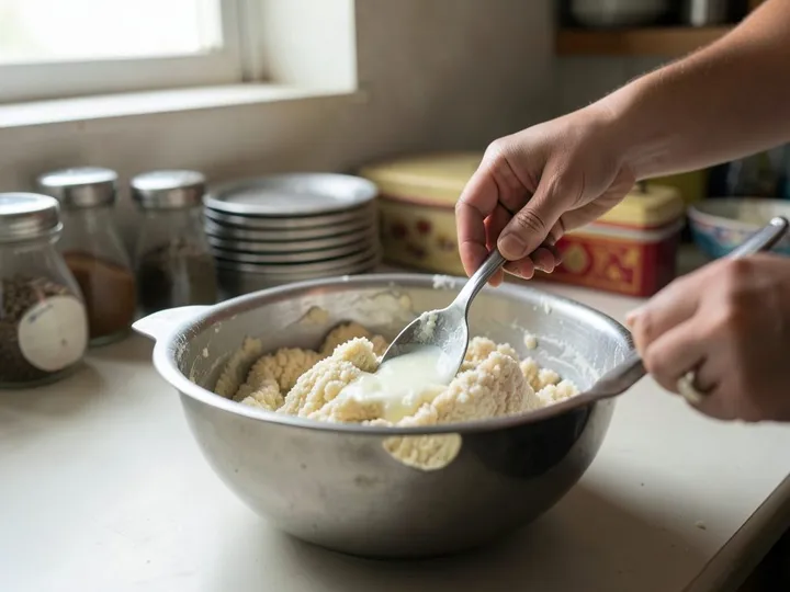 Step 3 of Gulab Jamun with Milk Powder (Soft, No Cracks): Add the milk a tablespoon at a time