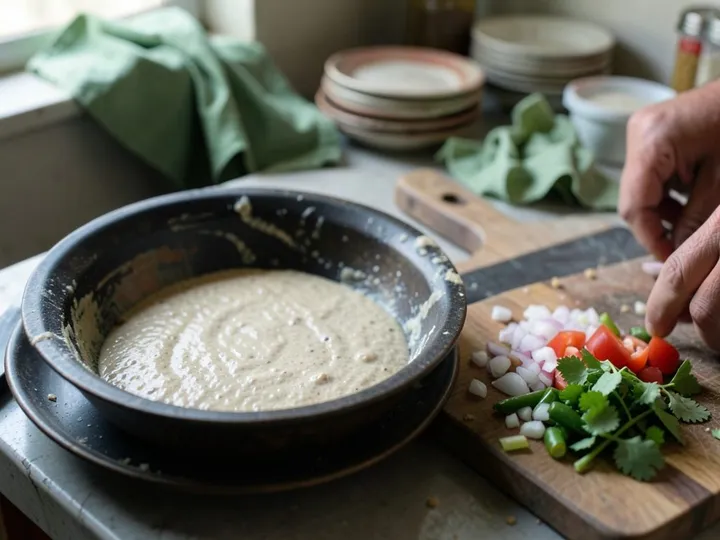 Step 3 of Besan Chilla (Savoury Gram Flour Pancakes): Rest the batter for 10 minutes so the besan absorbs the water and thickens slightly
