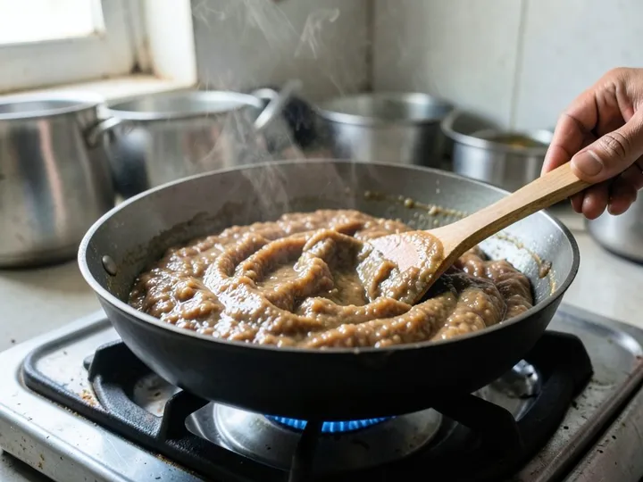 Step 3 of Kaju Katli (3 Ingredients, No Special Equipment): Turn the heat to low and add the cashew powder