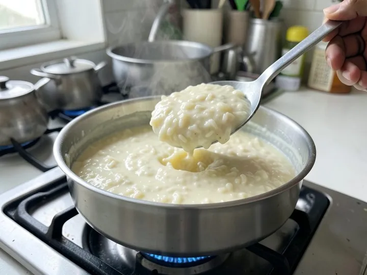 Step 3 of Rice Kheer (Chawal ki Kheer): Add the drained rice and simmer on low heat for 30 to 35 minutes