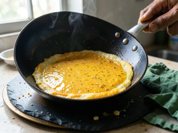 Step 3 of Masala Omelette (Indian Egg Omelette): Pour in the egg mixture and tilt the pan so it spreads in a thin