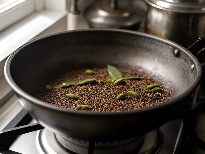 Step 3 of Fluffy Jeera Rice (Cumin Rice with Separate Grains): Heat the ghee in a heavy 2 to 3 litre pan with a tight-fitting lid over medium heat