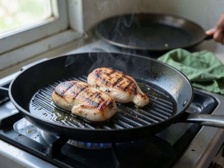 Step 4 of Grilled Chicken Cobb Salad: Heat a grill or ridged griddle pan over medium-high heat