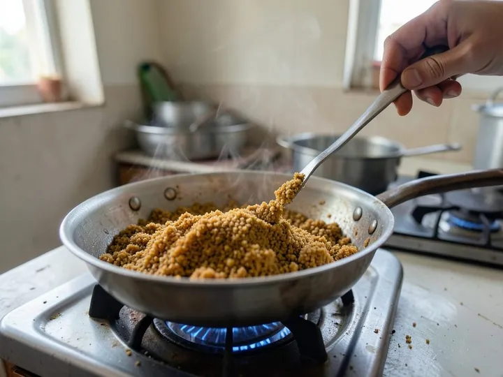 Step 4 of Besan Ladoo (How to Roast Besan Properly): Stop when the besan has turned an even golden brown