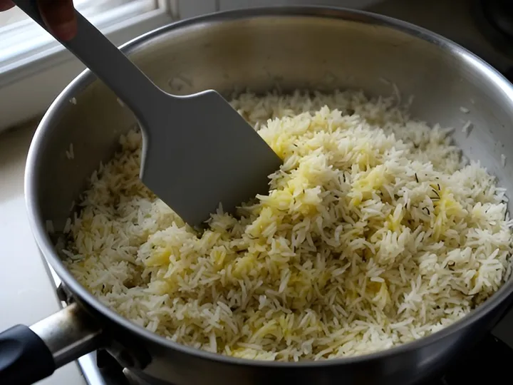 Step 4 of Fluffy Jeera Rice (Cumin Rice with Separate Grains): Add the drained rice and fold it gently with a flat spatula for 2 minutes